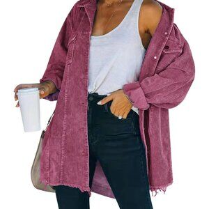 Womens Light Wine Oversized Corduroy Shirt Jacket Casual Button Down Retro